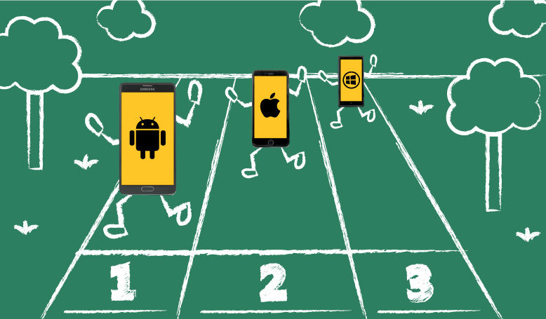 android, apple and windows phones running a race