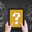 Hands holding a tablet that displays a question mark.