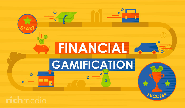 Illustration of a game-board with financial icons - piggy bank, coins, house, car