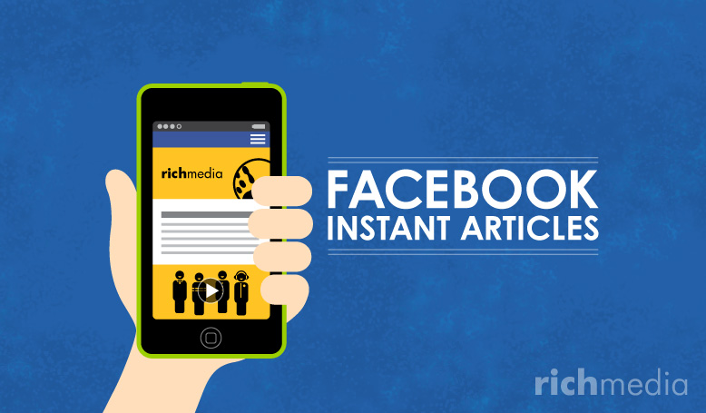 hand holding phone with a facebook instant article that has Rich Media branding