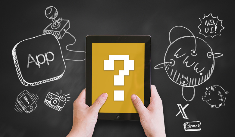 Hands holding a tablet that displays a question mark. On one side of the tablet is an illustration signifying an app and the other is an illustration signifying a website..
