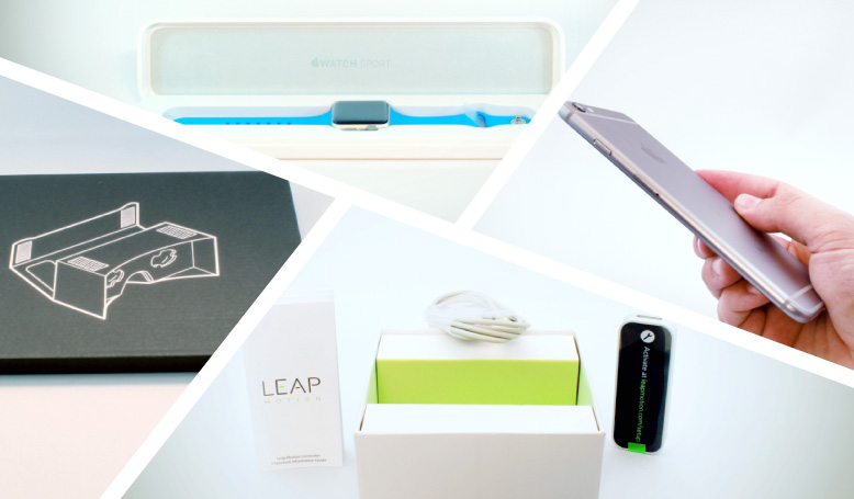 Shots of products including the Apple Watch, iPhone 6 plus, Leap and Romo
