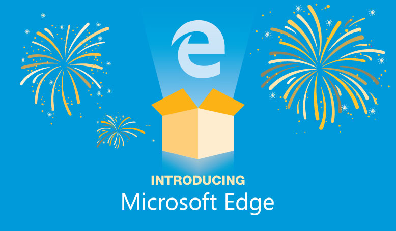 Microsoft Edge logo coming out of a box with fireworks around it