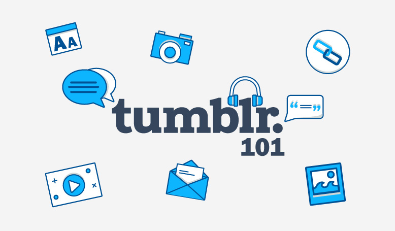 Tumblr 101 with icons around it (speech bubbles, camera, headphones, photo)